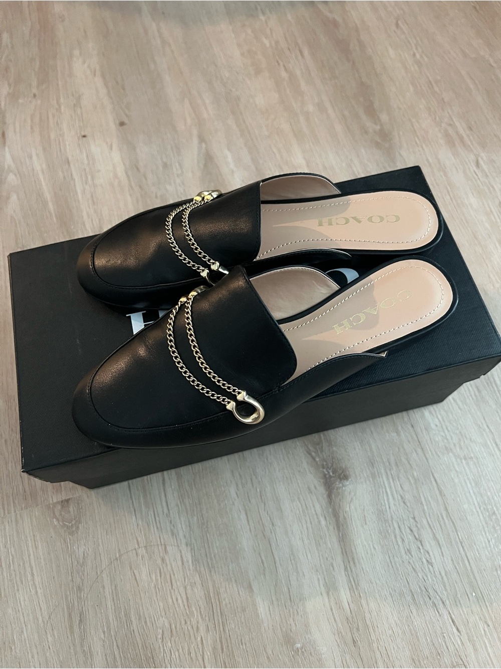Coach Black Leather Slip-On Mules with Gold Chain Accent - Picture 3 of 6